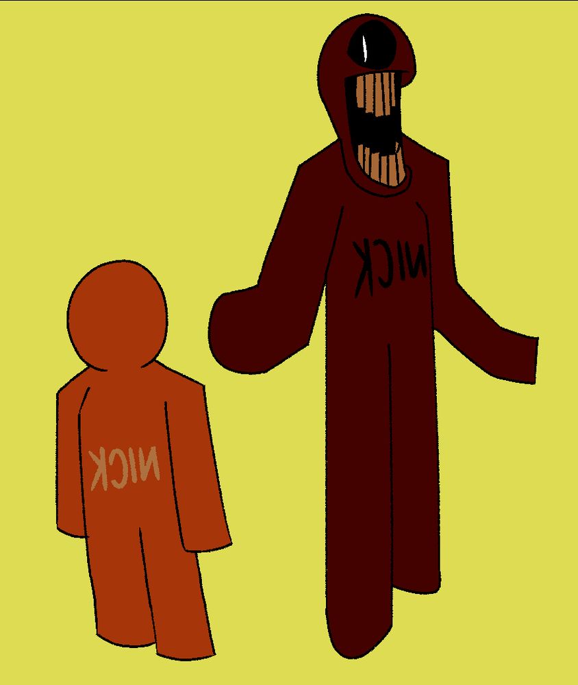 A drawing of Kelodeo (original character; based on Nickelodeon "Caregivers" logo and "noedolekciN") in both his "Decayed Facade" form and his "Crimson Beast" forms.