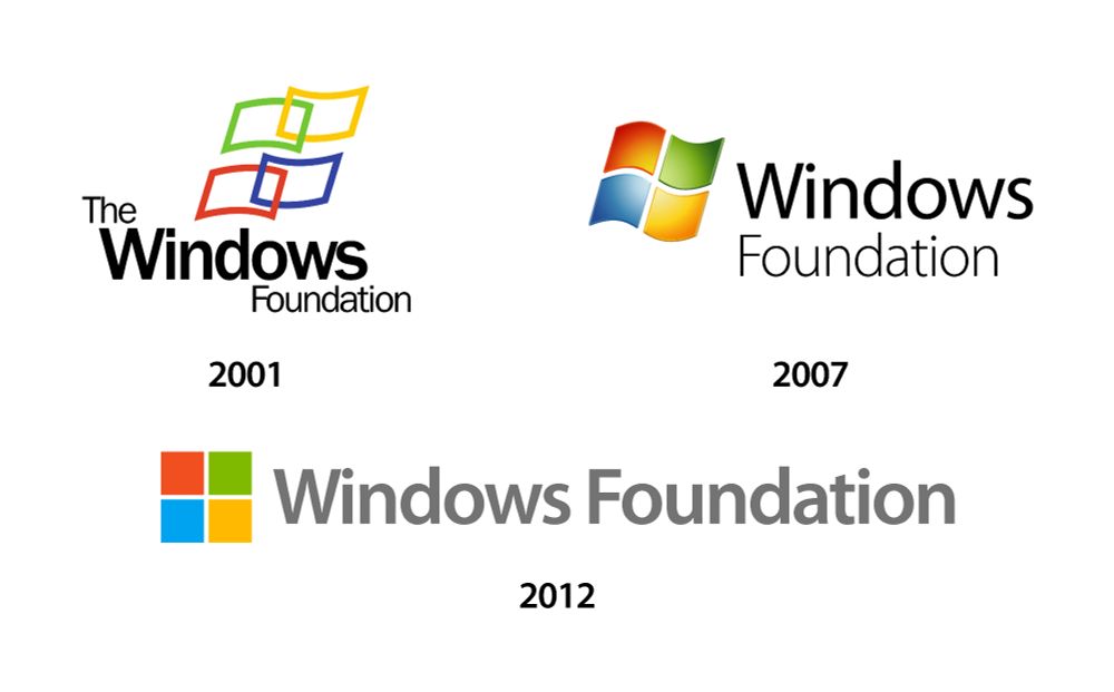 Three logos for a hypothetical organization known as the Windows Foundation, a 2001 logo is based on a scrapped logo design for Windows XP, a 2007 logo based on the Windows Vista and Windows 7 logos, and a 2012 logo based on the current Microsoft logo.