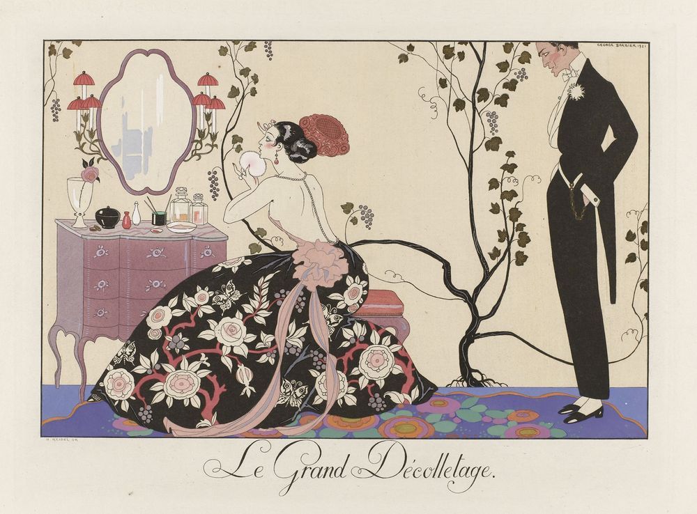 a woman in a backless black dress with white flowers and red vines sits at a dressing table, powdering her face. A man in a tux stands behind her, hands in pockets, looking impatient or annoyed. 