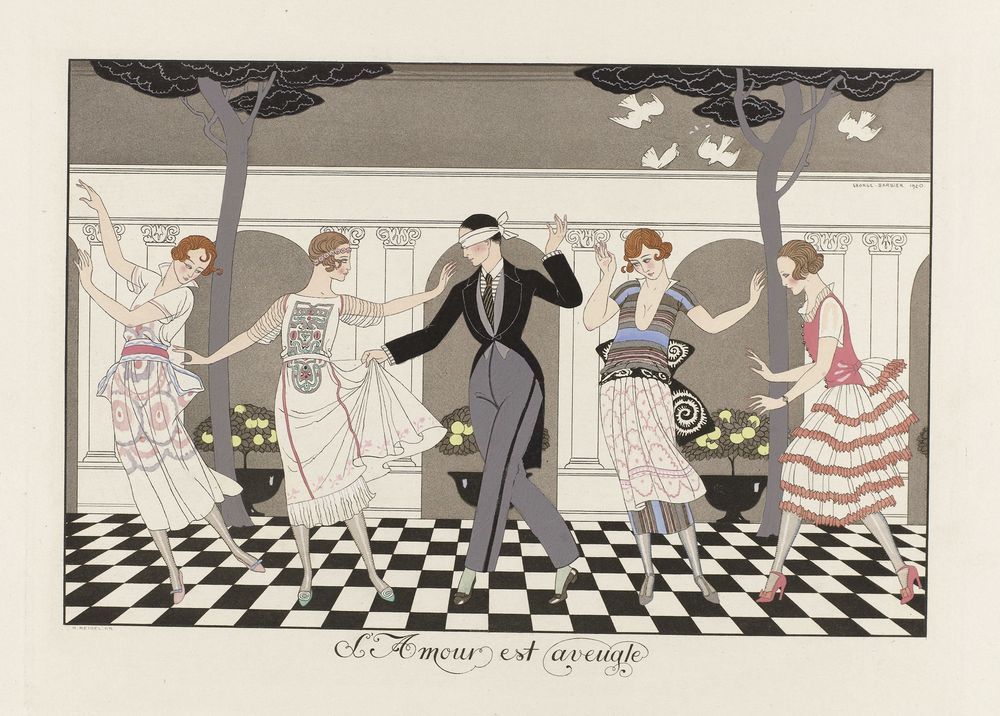 a blindfolded man in evening clothes is centered on a parquet floor with 4 women dancign around him. He is grabbing the skirt of one