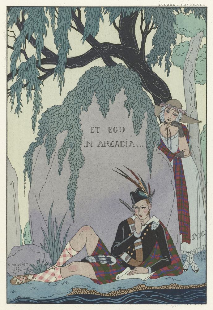 a woman peers around a large rock with ivy atop it, inscribed with the phrase "Et ego in arcadia", which seems to be a mis-transcribed "et in Arcadie ego" (Even in Arcadia, there am I). In front of the rock is a man wearing traditional Scottish clothing, lounging and looking dreamily in the distance, a scroll of paper ready for his pen