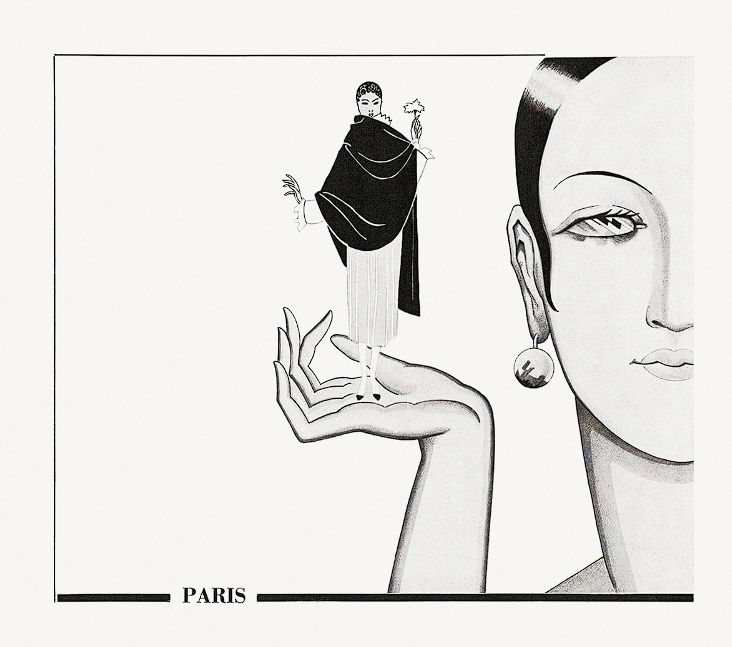 illustration, black & white, of a woman with short, slick black hair and a large round earring holding another, smaller woman in her hand