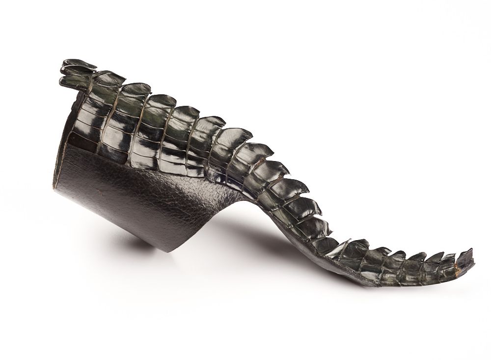 wide cuff bracelet, black, with a long serpentine spine along the top and continuing past the cuff (the spine is about 2x as long as the cuff).