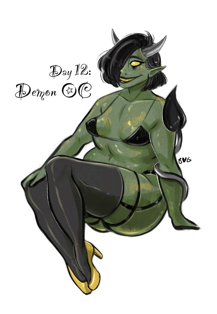 Pin Up of a very voluptuous demon lady in black lingerie 