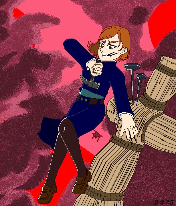 Nobara Kugisaki wielding her hammer and two nails in her mouth against a blood red sky. Her straw doll with two nails in it.