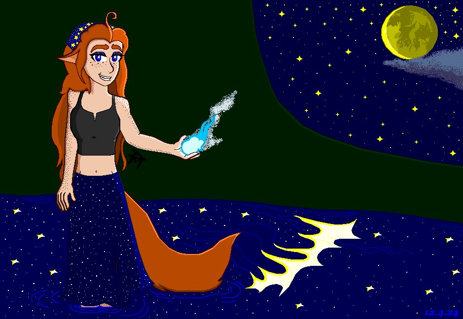 Otterfall's OC, Rea, wading in the water under a starry night.