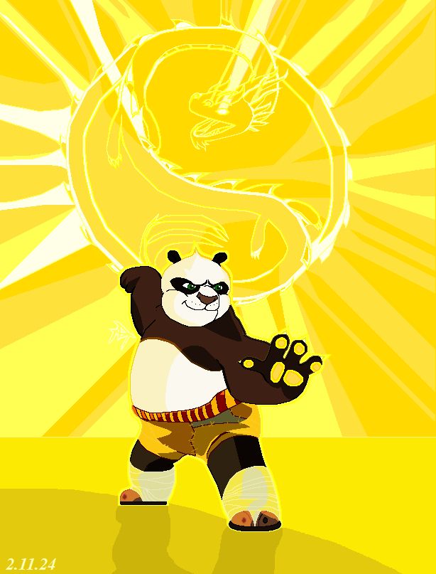 Po from Kung Fu Panda Infront of a golden chi dragon.