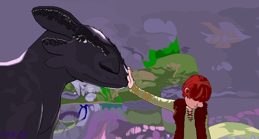 Young Hiccup placing his hand on Toothless's snout.