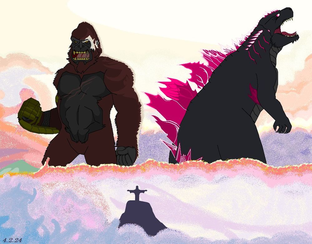 Godzilla and Kong tower over Christ the Redeemer.