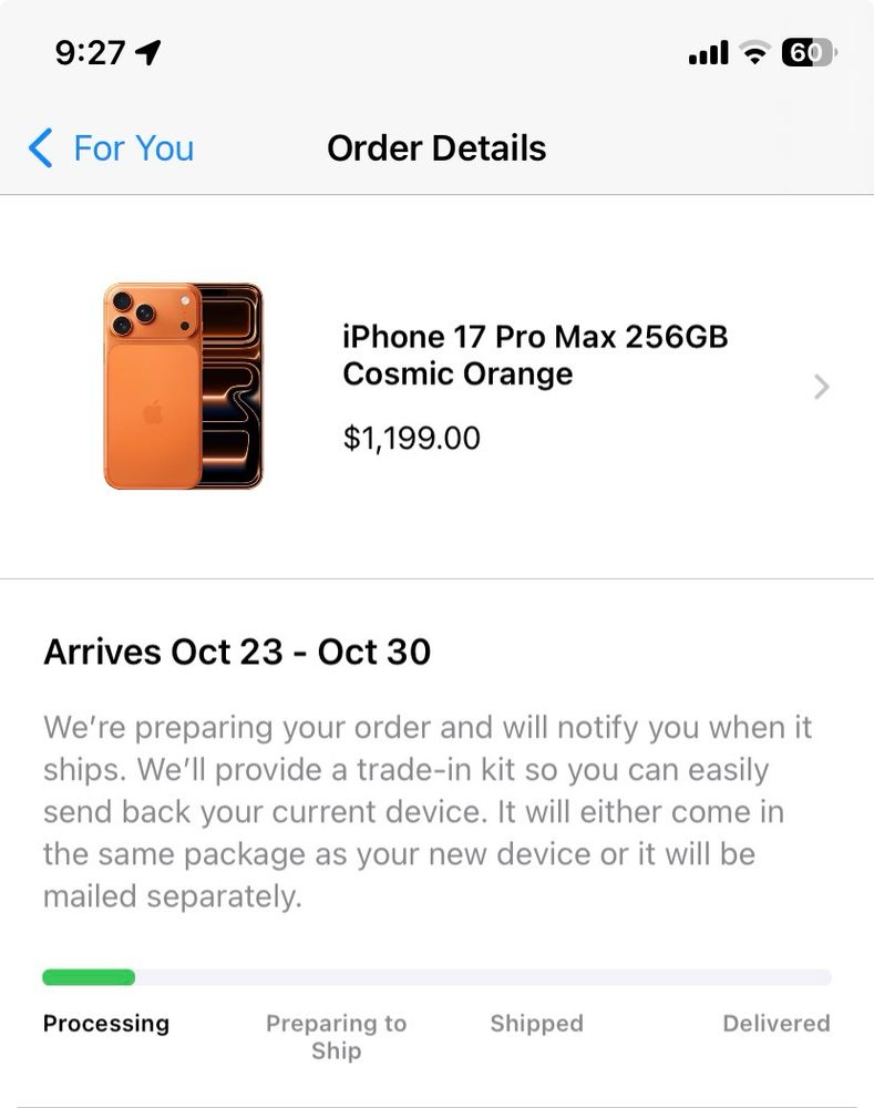 The order progress of my iPhone, which I bought on my old iPhone using Apple Pay