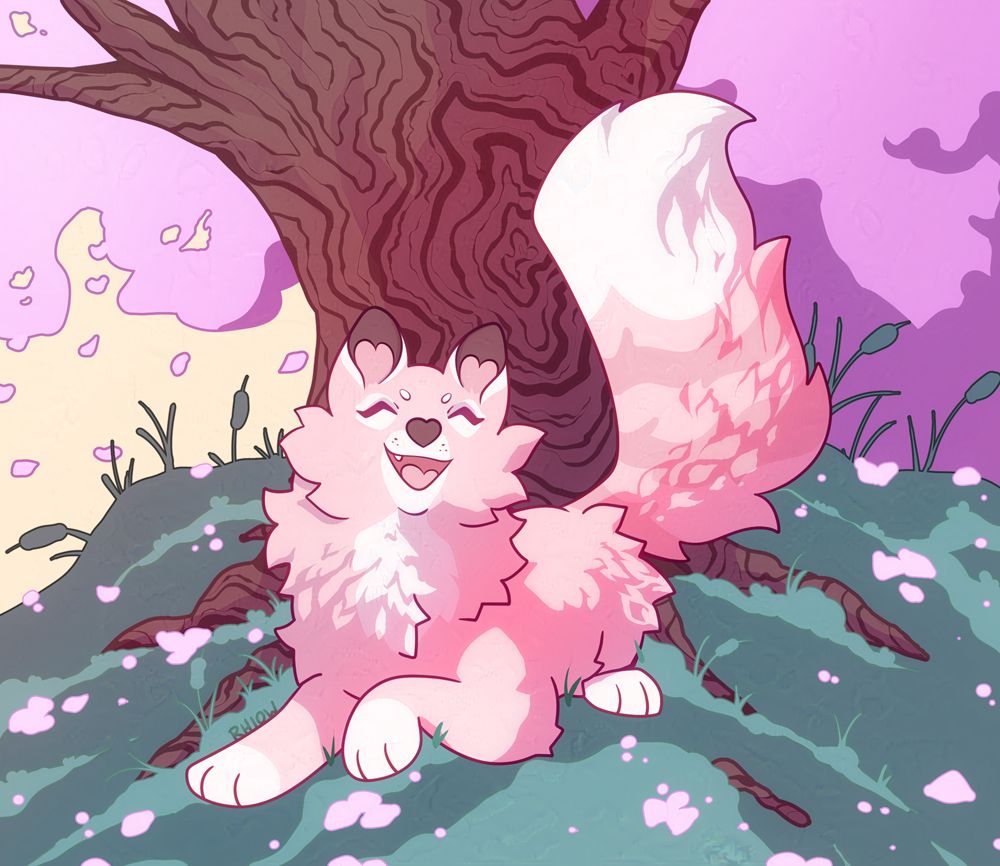 A pink fox lays in front of a thick-trunked tree on a grassy knoll, her left forepaw curled as she smiles closed-eyed at the viewer. Petals dot the landscape, falling from the canopy above.