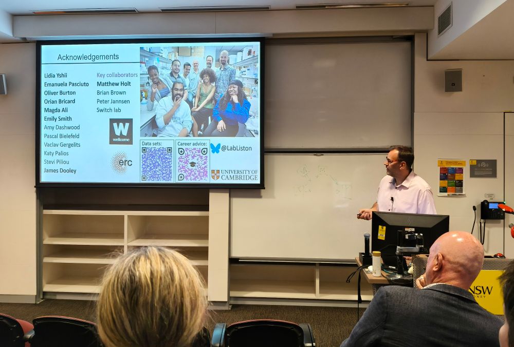 Adrian Liston presenting acknowledgement slide, thanking lab and funding sources 