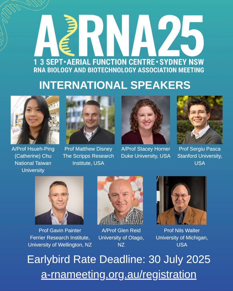 Promotional tile for A-RNA 2025 meeting in Sydney, Australia. List of international speakers and registration link
