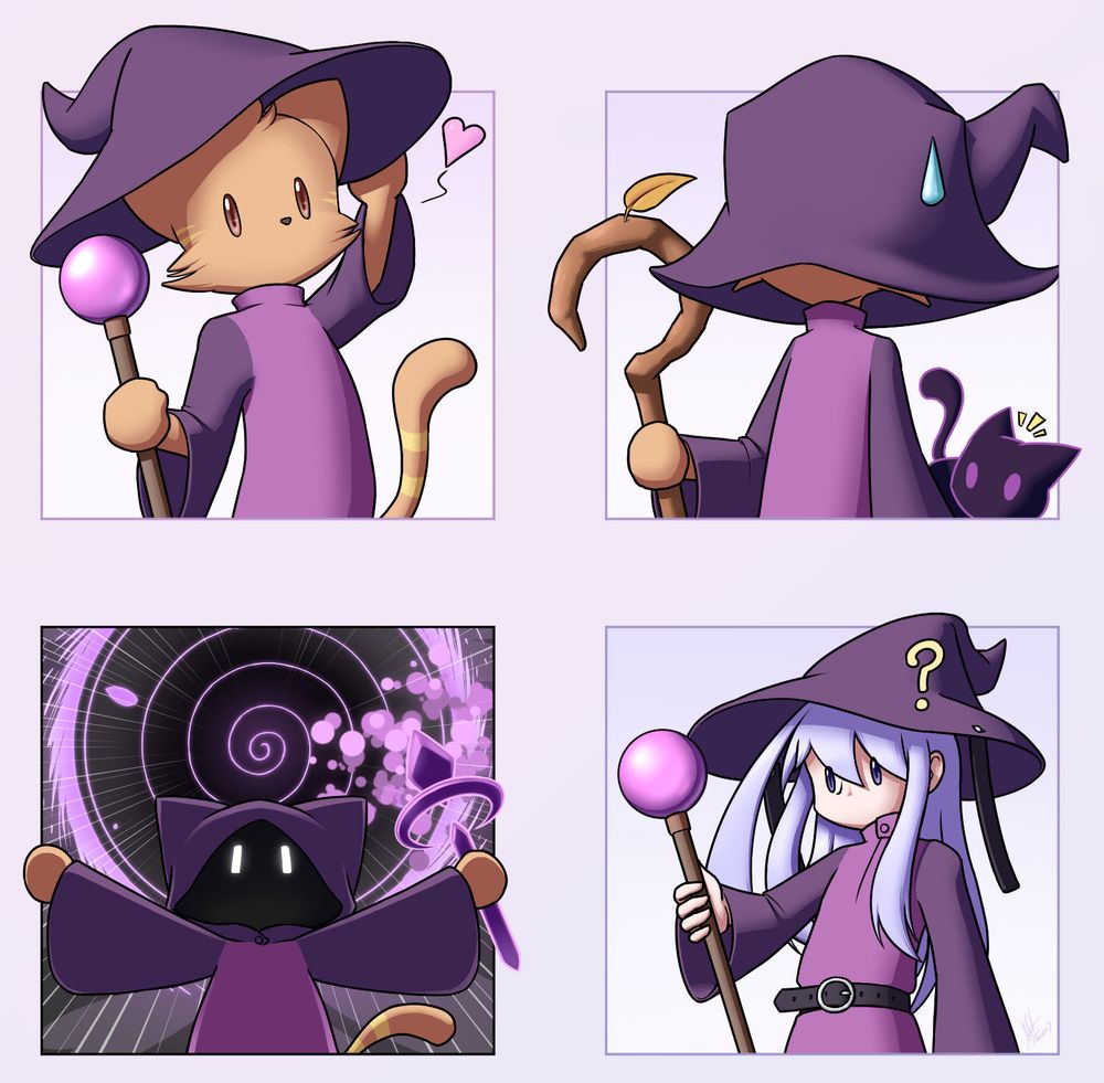 Mimi, the cute cat witch / wizard / magician from Downpurr wearing various hats and wielding various spells. In the last panel, Alodo is wearing an outfit inspired by theirs.