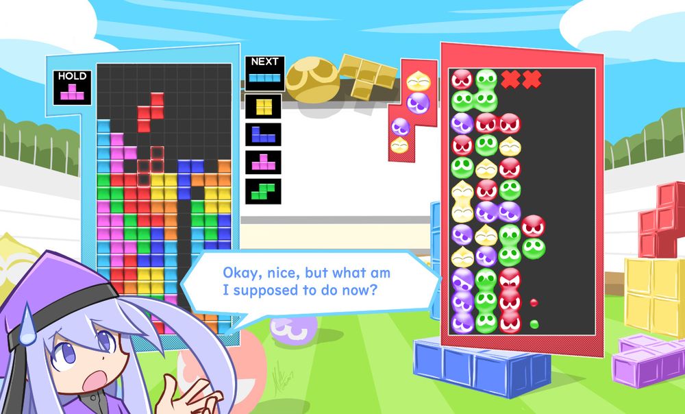 Alodo superimposed over a game of Puyo Puyo Tetris.
The tile placement indicates that he badly misdropped a tile recently.
"Okay, nice, but what am I supposed to do now?"