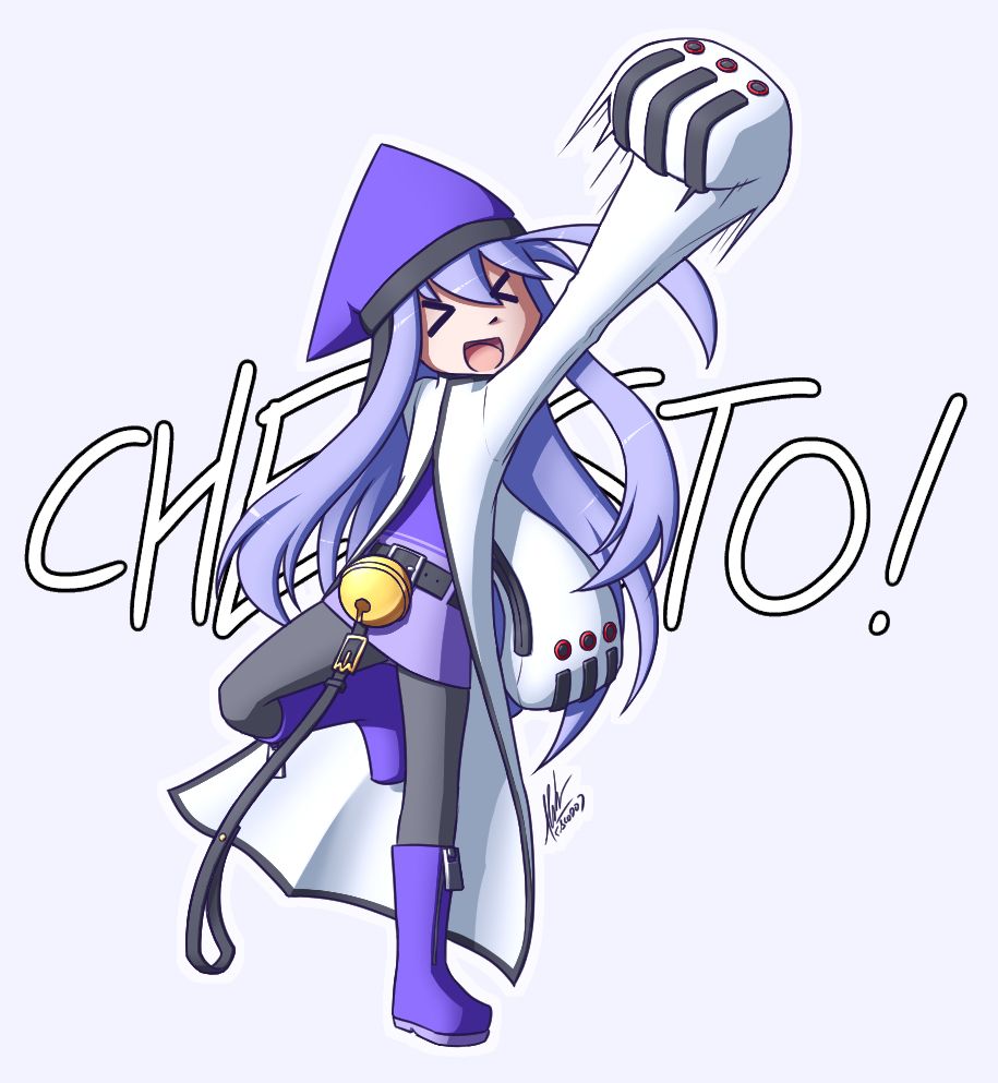 Alodo wearing a labcoat similar to the one of Kokonoe from Blazblue.
Background text reads "CHESTO!"