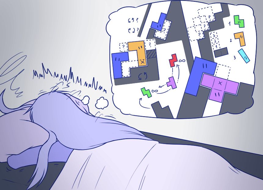 The whole dream scene finally transformed into various charts related to Tetris piece movements and placement strategies.
Alodo becomes increasingly distressed at this.