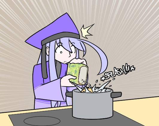 A huge clump of broth falls out of the container and splashes into the pot all at once.