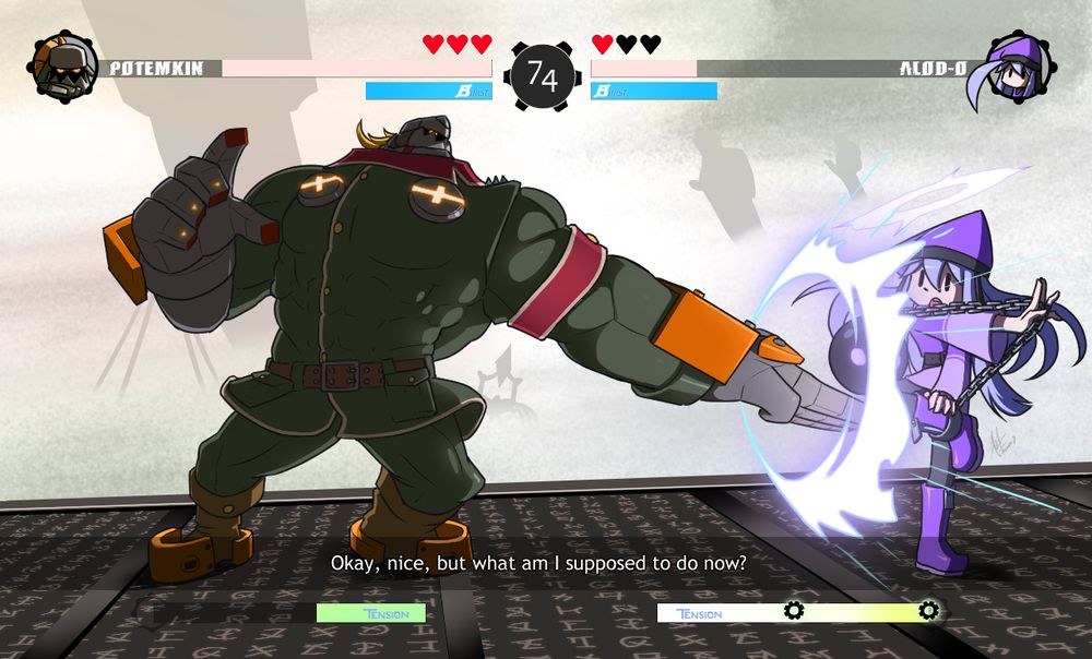 Alodo defending against attacks from Potemkin in Guilty Gear Strive.
On-screen status bars indicate that he is losing.
"Okay, nice, but what am I supposed to do now?"