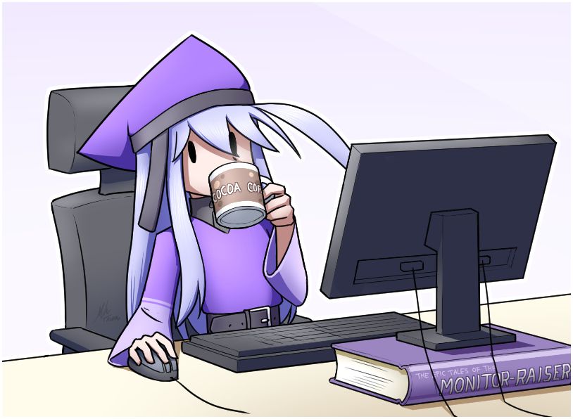 Alodo drinking a cocoa coffee while sitting at his computer.
The monitor is placed on top of a book that reads "The Epic Tales of the Monitor-Raiser".