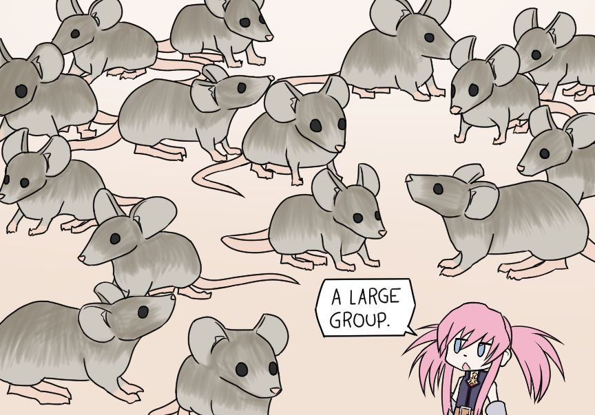 Presea next to a pile of mice.

"A large group."