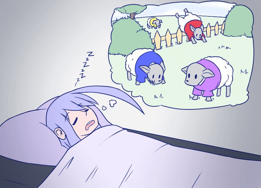 Alodo asleep, dreaming about sheep.
The sheep wear differently colored shirts.