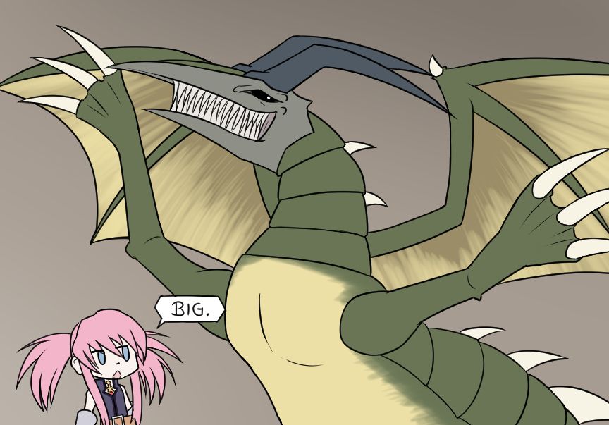 Presea next to a giant (albeit rather strange looking) dragon thing.

"Big."