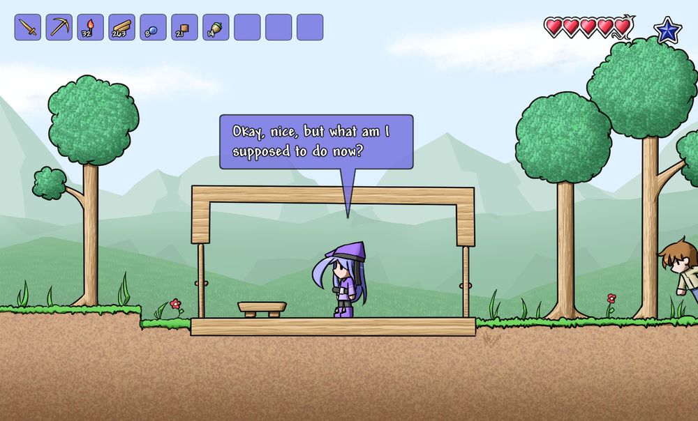 Alodo inside a """house""" in Terraria. The house is missing walls.
The guide is peeking in from the corner of the frame.
"Okay, nice, but what am I supposed to do now?"