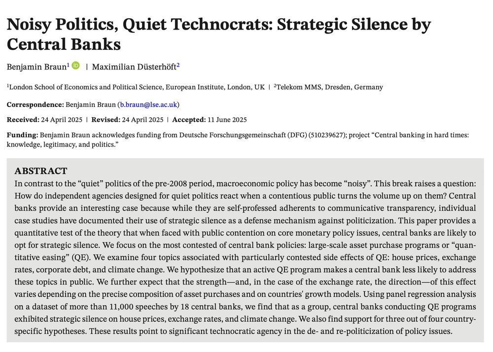Screenshot of the title page of linked article:
"Noisy Politics, Quiet Technocrats: Strategic Silence by Central Banks"
By Benjamin Braun and Maximilian Düsterhöft