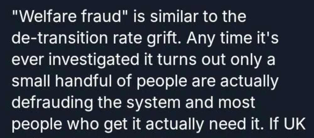 "Welfare fraud" is similar to the de-transition rate grift. Any time it's ever investigated it turns out only a small handful of people are actually defrauding the system and most people who get it actually need it.