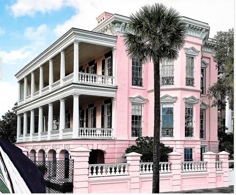 Photo of the pink historic John Ravenel 9,407 sq foot mansion in Charleston, South Carolina, built in 1848, bought by Scott Bessent in 2016 for $6.5 million, and which he sold in March for $18.25 million, plus another $3 million for furnishings and fixtures. The sale broke real estate records in Charleston.