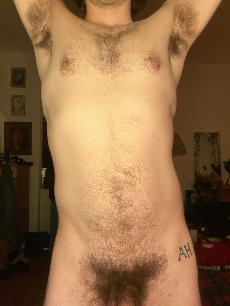 My naked torso. With my bush on show and my arms raised to show hairy pits. 