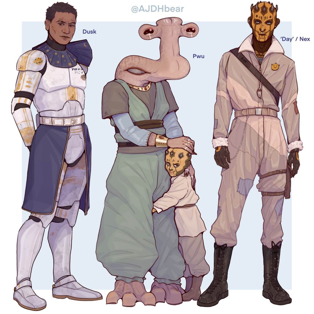 The drawing contains three original fanmade characters based on the Star Wars franchise.

The first one on the left is clone captain Dusk, who's armour is decorated with stars.

The middle one is an Ithorian woman called Pwu. She has a young Dathomirian Zabrak at her side.

The third one is the Zabrak as an adult. His name is Day or Nex, and he is a yellow Nightbrother.