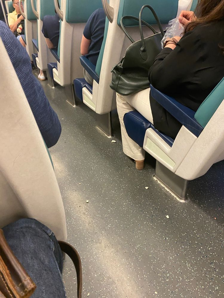Popcorn all over the floor of the metro north train because some lady can’t be arsed to actually get her food into her mouth without spilling it into everybody else’s space. 