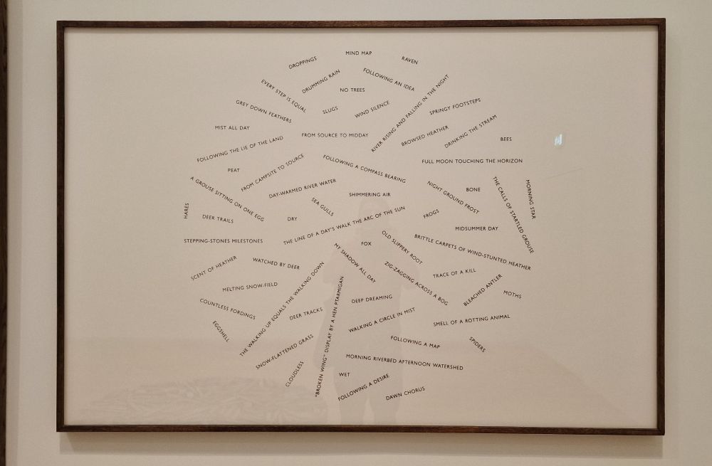 A text work by Richard Long. Various words and phrases, including "shimmering air, slugs, full moon touching the horizon" and many others are arranged in a variety of directions but confined within a circular boundary. 