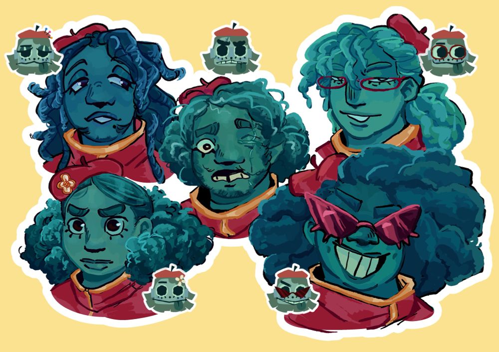 Image depicts an illustration of 5 headshots of different blue-tinted figures, characters from the video-game “Great God Grove”
