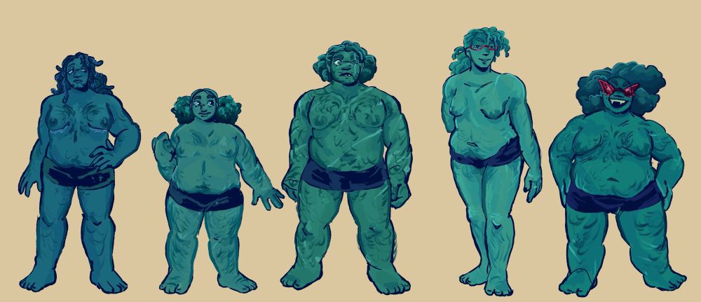 Image depicts an illustration of 5 full-body figures standing side by side together: Vibiano, Patty, Grujaja, Bananathaniel, and Alexei.

They are all wearing dark blue shorts.

Vibiano is the third tallest and has a semi-muscular yet fuller build. He has top surgery scars and chest hair.

Patty is the shortest and is fat. She has arm hair and leg hair, and is looking to the side.

Grujaja is the second tallest and has a wide fat muscular build. He’s covered in scars all over his body, and has body hair all over.

Bananathaniel is the tallest and has a slimmer yet fuller build. 

Alexei is the second shortest and is fat. Both of their hands are on their hips and they have a cheerful expression.