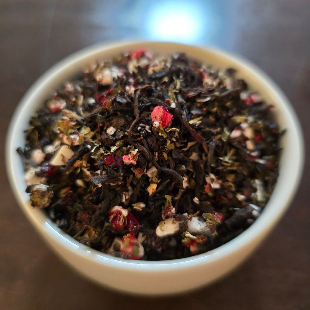 White bowl filled with Candy Cane Black tea 