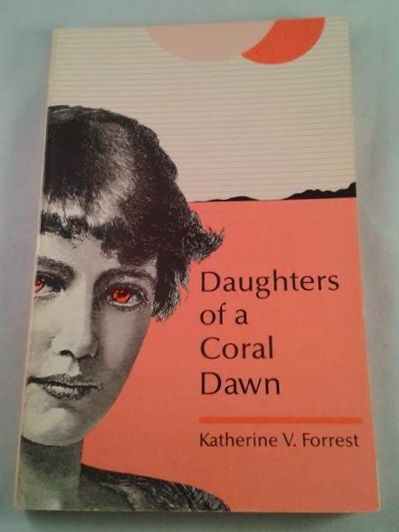 Photo of a book cover featuring a woman with short hair and coral eyes standing in front of a coral landscapes with two coral suns in the sky.