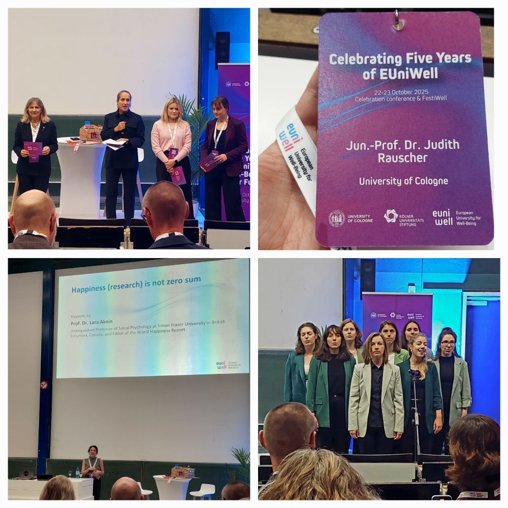 Photo collage of four women opening the ceremony, my name badge, a woman giving a talk and 8 women singing in formation.