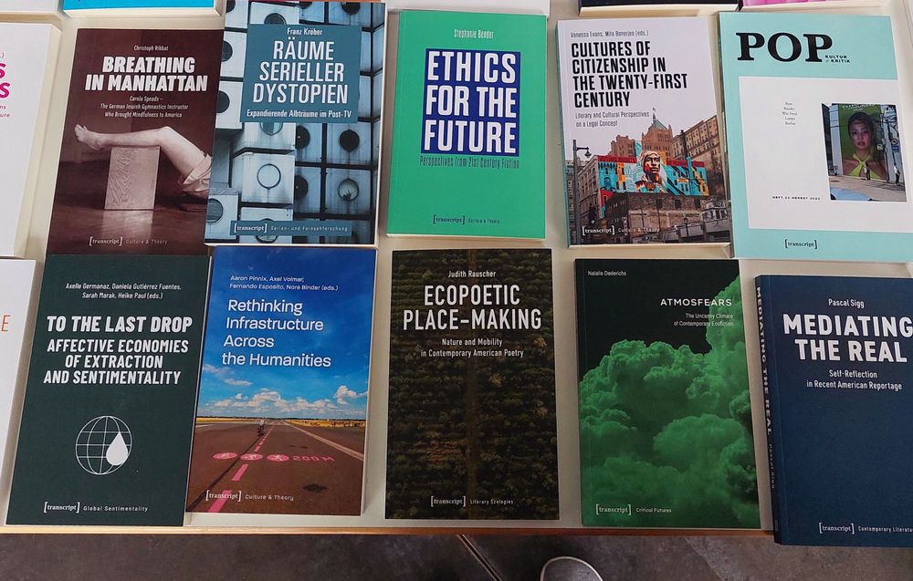 Photo of academic books displayed on the publisher's table