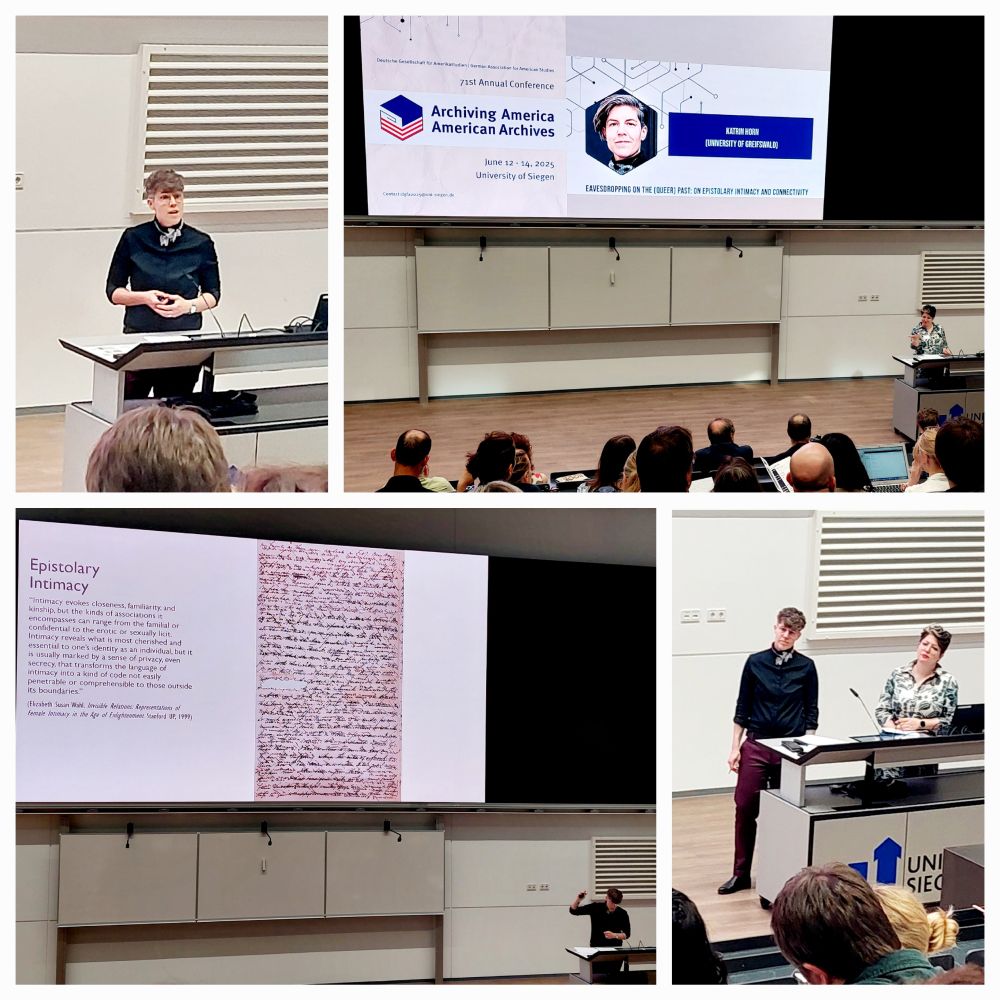 Collage of four photos featuring Katrin Horn speaking in front of a large room of people.