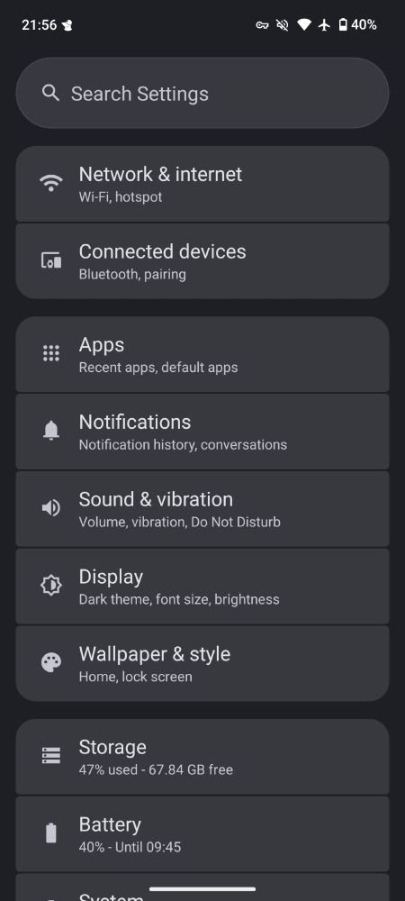 Screenshot of the settings page on a Pixel running GrapheneOS.