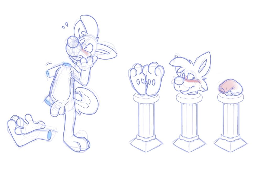 Mana, a cartoon folf (fox wolf), falling into modular pieces. On the right half of the image is Mana’s paws, head, and dick being placed onto separate pedestals. 