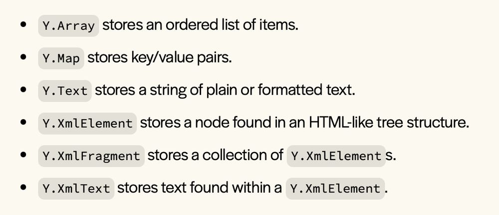 Y.Array stores an ordered list of items.
Y.Map stores key/value pairs.
Y.Text stores a string of plain or formatted text.
Y.XmlElement stores a node found in an HTML-like tree structure.
Y.XmlFragment stores a collection of Y.XmlElements.
Y.XmlText stores text found within a Y.XmlElement.