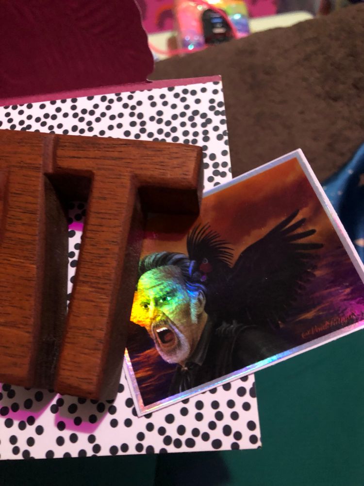 Close up of shimmery sticker featuring @voidkitty68’s fan art of Izzy shouting with a black macaw on his shoulder 