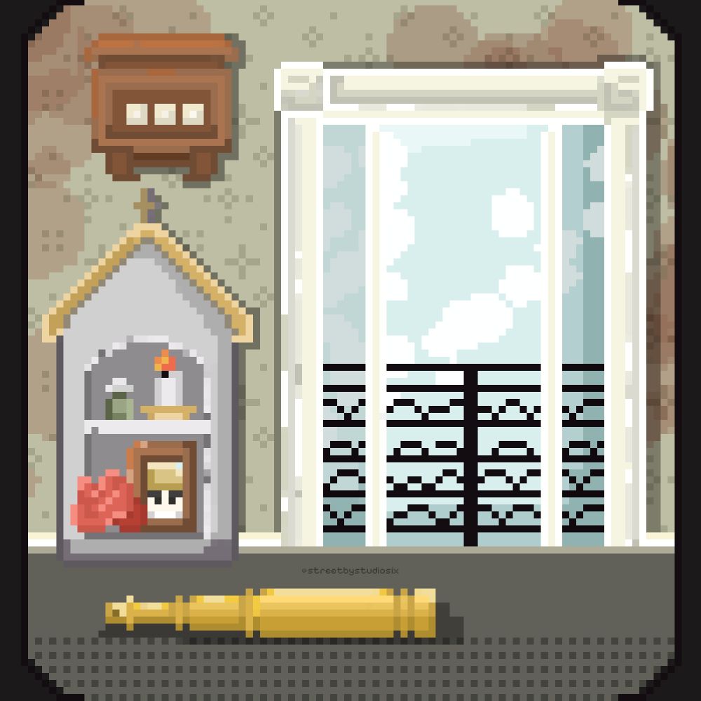 Emma’ room for day 15 of laketober2024. A picture with a balcony and a shrine, a wooden box, and a telescope. Drawn in pixel art, made on procreate