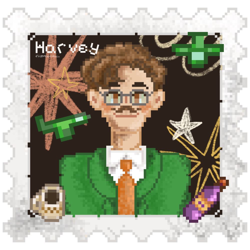 Fanart of Stardew Valley Harvey in pixel art with a mini plane decoration, a cup of coffee and a bottle of wine