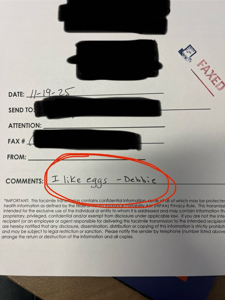 A fax cover sheet with the special comment being and Amanda Show quote “I like eggs”.