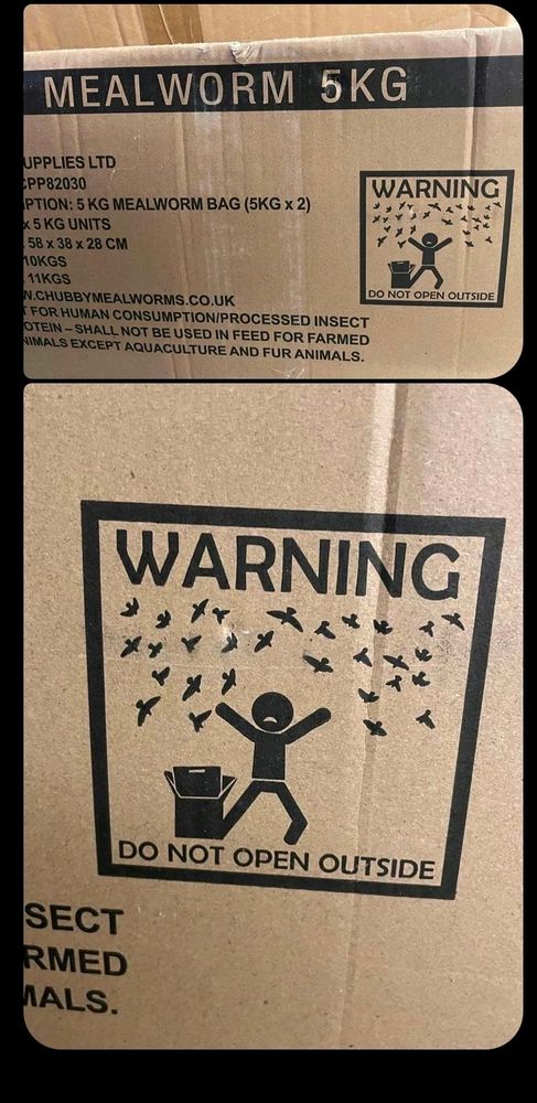 "warning: do not open outside" tag with birds attacking an open box on a box of mealworms
